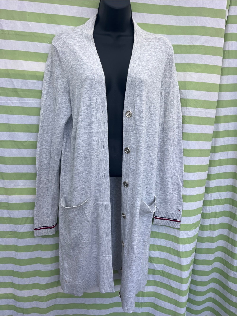 Tommy Hilfiger Light Gray Long Button Cardigan with Red Trim